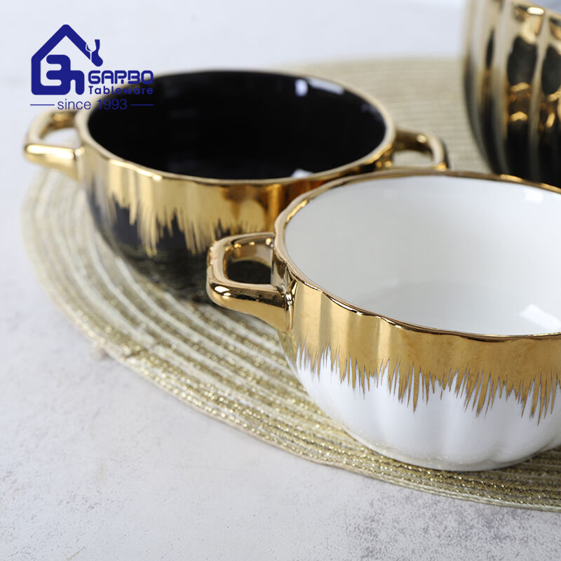 Restaurant supplier high end white gold electroplating porcelain bowl set