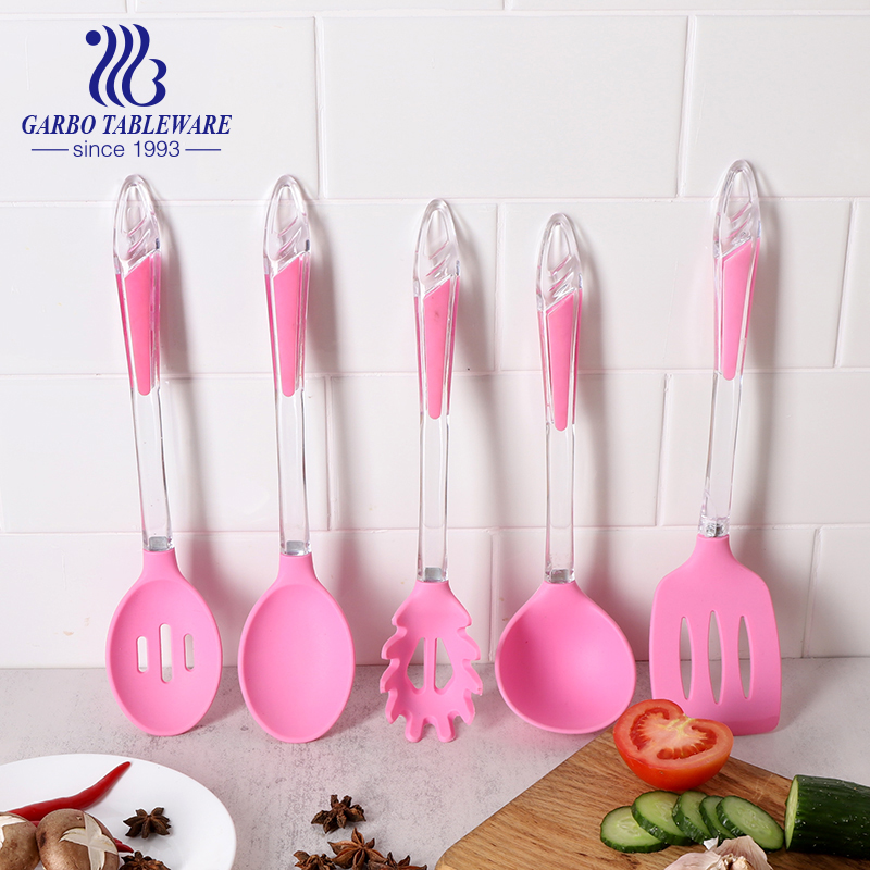 high quality 330mm length pink color silicone slotted spoon