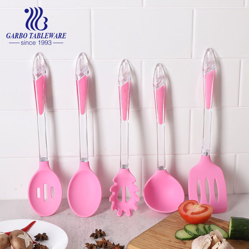 high quality 330mm length pink color silicone slotted spoon