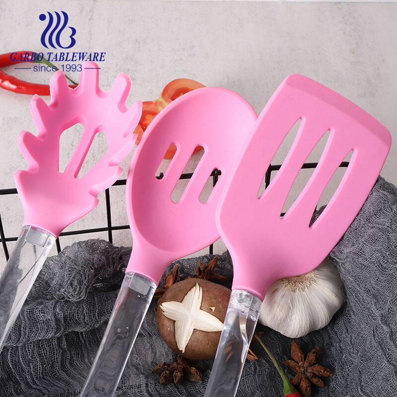 high quality 330mm length pink color silicone slotted spoon