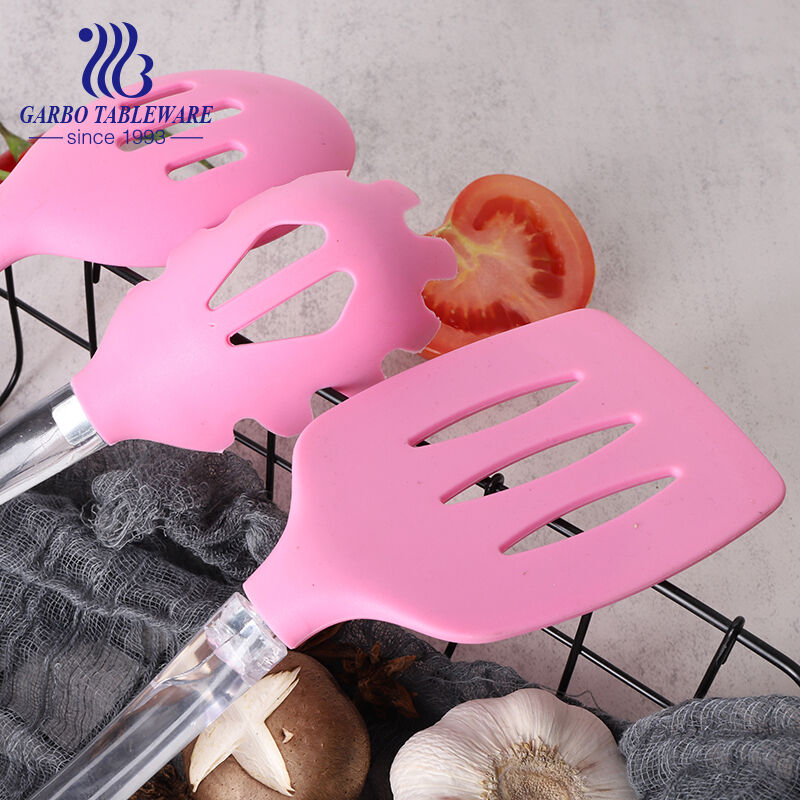 high quality 330mm length pink color silicone slotted spoon