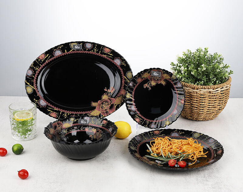 bulk wholesale black opal glass dinnerware set luxury tableware for Indian market