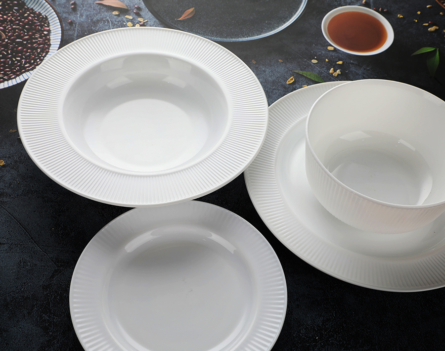 factory wholesale white opal glass dinner plates and bowls with new stripe pattern