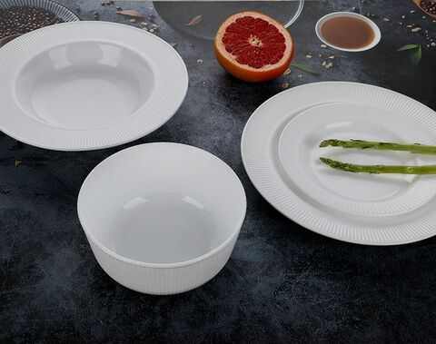 factory wholesale white opal glass dinner plates and bowls with new stripe pattern