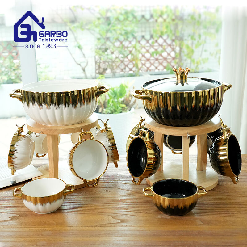 Wholesale 2pcs porcelain casseroles serving set with metal stand