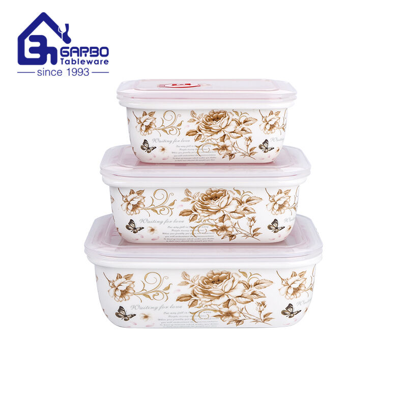 Three-piece ceramic lunch box set with silicone ring lids porcelian food container sets.