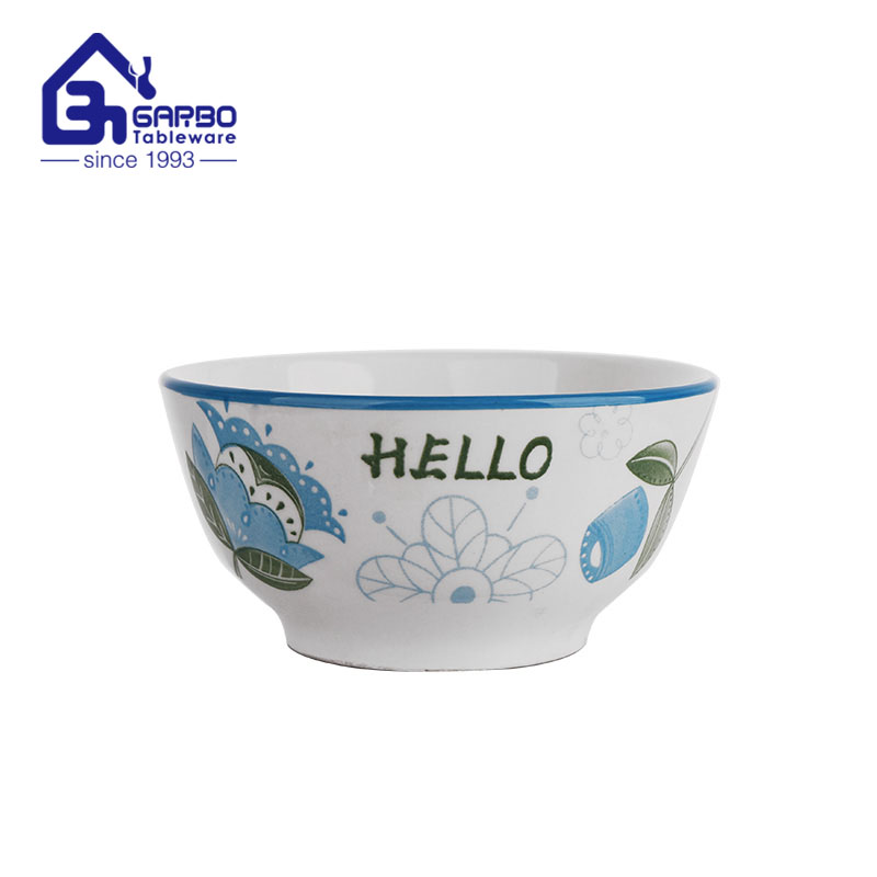 Restaurant grade 5inch printing design porcelain bowl with blue rim