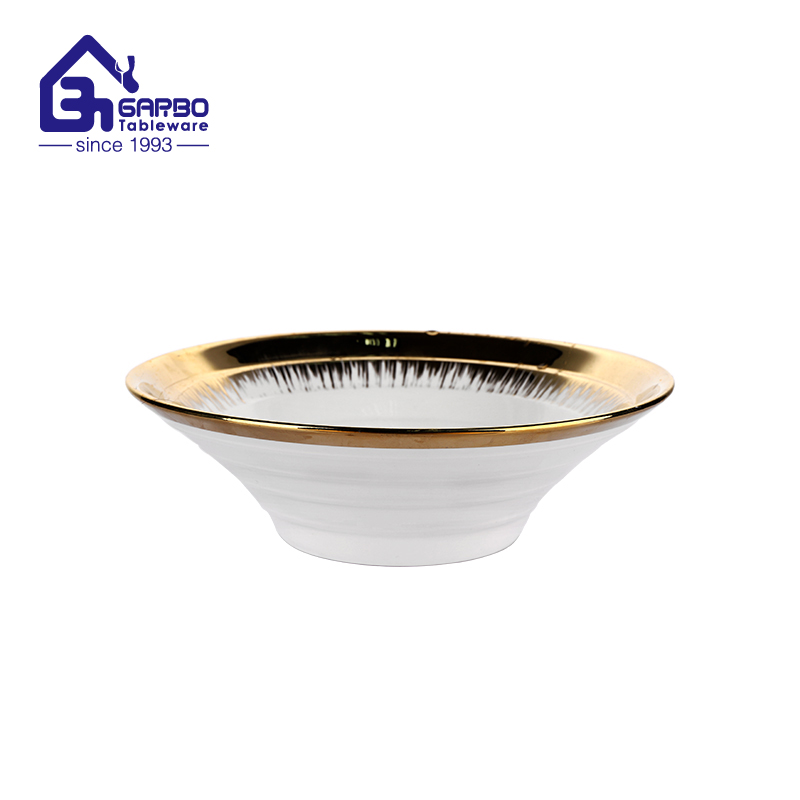 Electroplating gold rim 9.5 inch porcelain bowl for soup