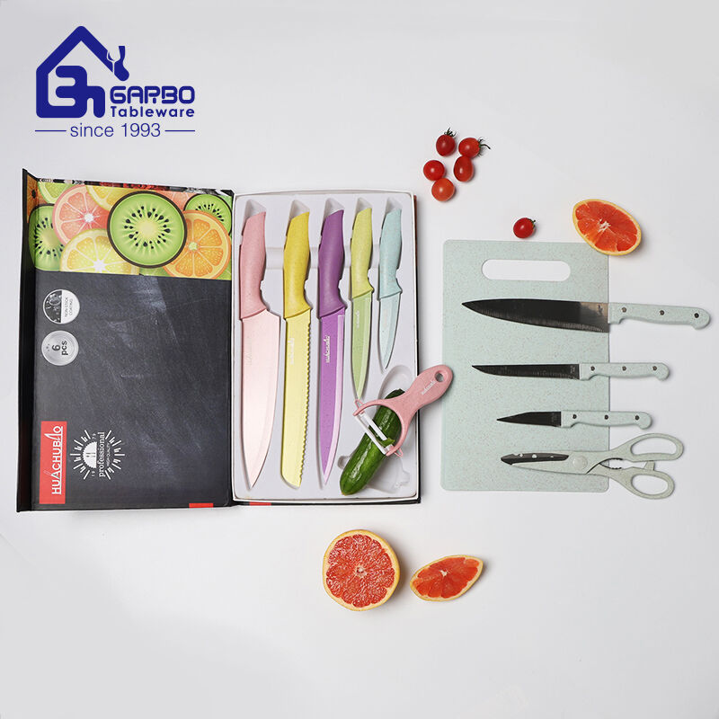 Wholesale Factory 6pcs colored kitchen knife set with gift box environmental wheat straw material handle