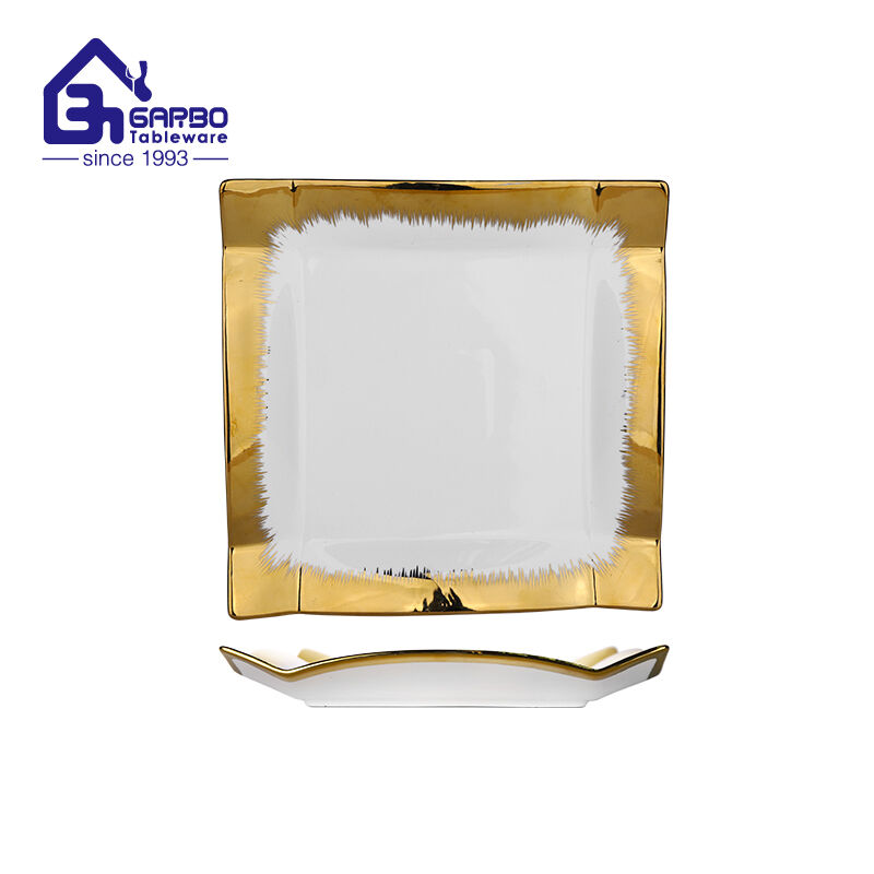 Gold rim square shape 9inch flat serving plate for wholesale