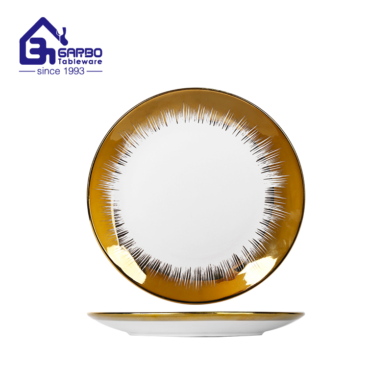 9 inch porcelain flat plate with gold rim plating