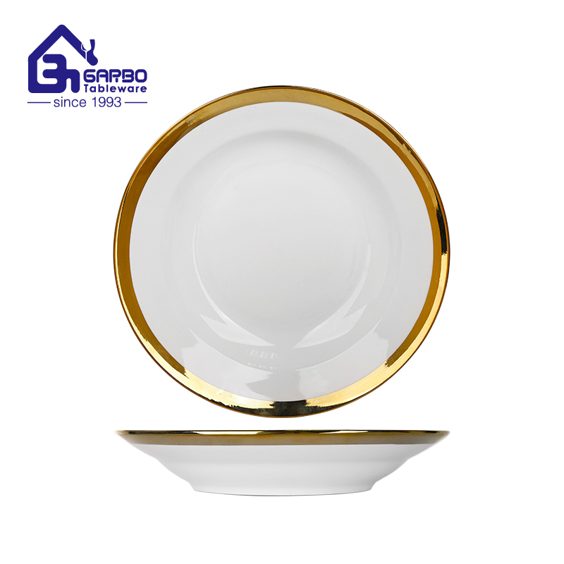 9 inch porcelain soup bowl with gold rim plating