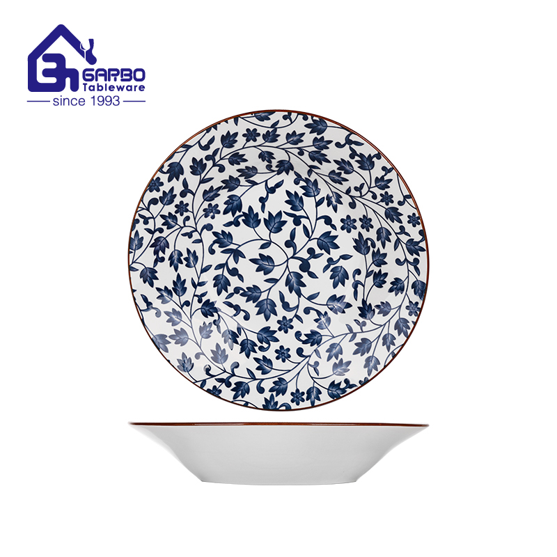 Blue flower design 8 inch deep ceramic plate for serving