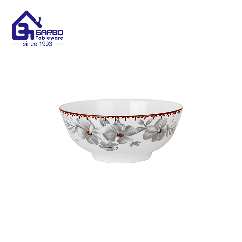 Premium 7 inch printed flower design porcelain bowl with red rim