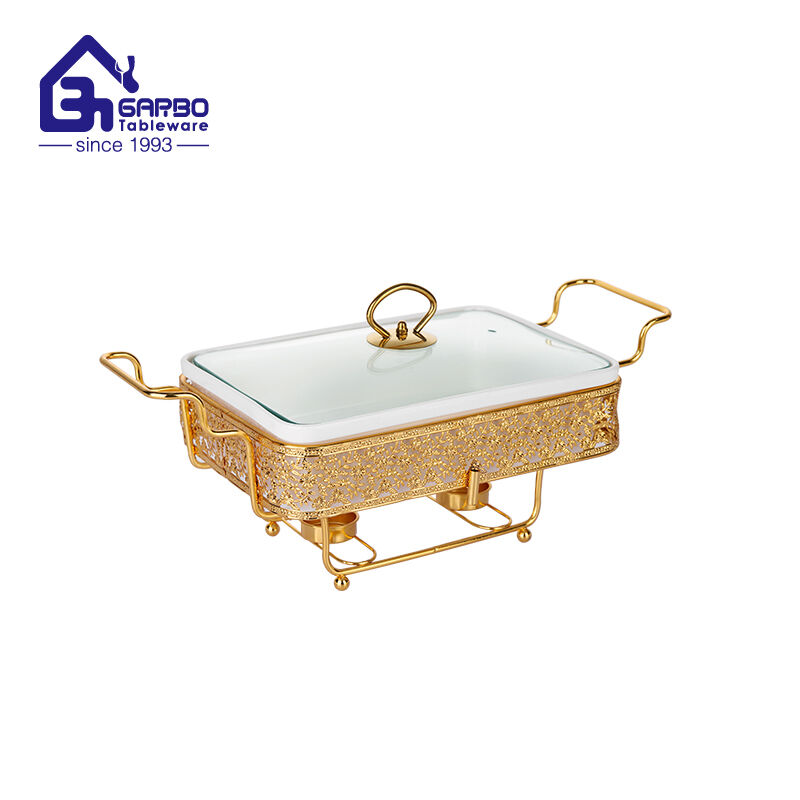 1.8L rectangle golden porcelain pot with glass lid for party