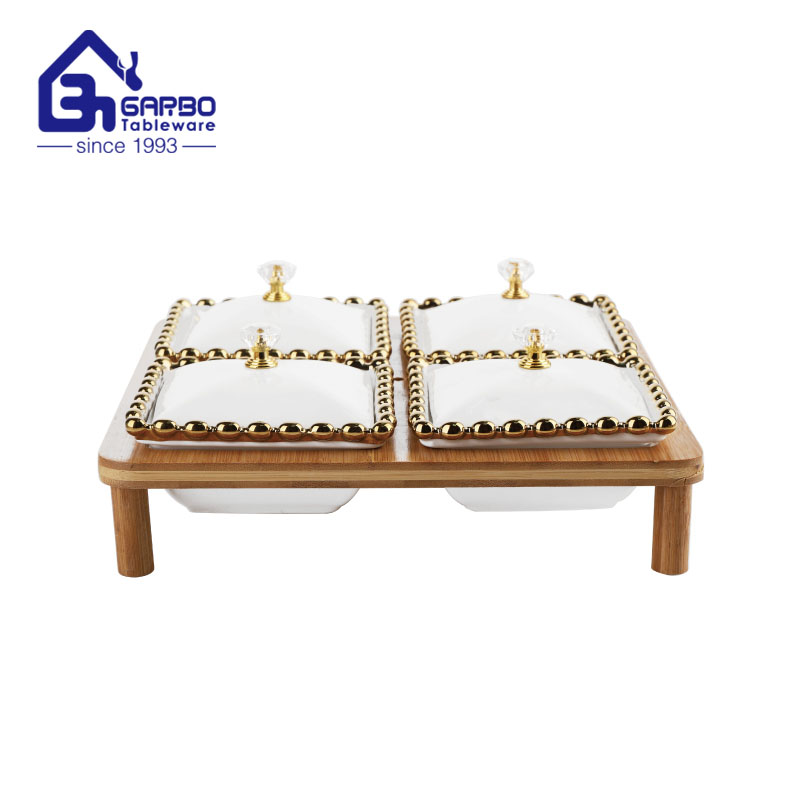 Golden bead band Porcelain Serving Tray Platter 4PCS Ceramic Bowls set 