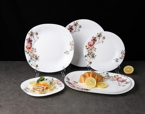 China factory white opal glassware dinner flat plate 9.5inch with flower decor for tableware