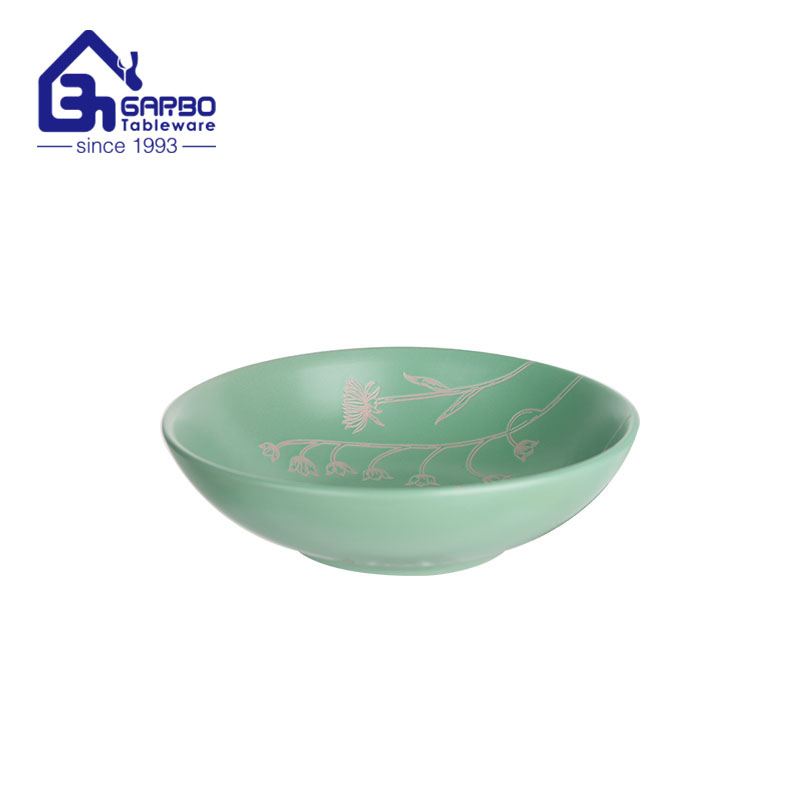 7 inch green glazed surface soup bowl with inner printing factory in China