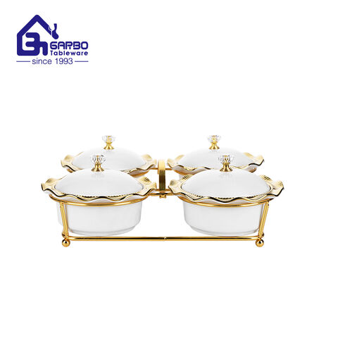 Wholesale round shape 4pcs set baking dish with golden metal stand
