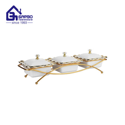 3pcs porcelain bowl set with lid and gold rim decoration and steel rack factory from China