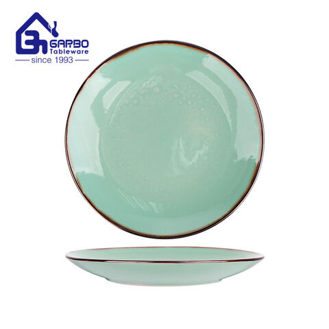 8 inch dessert plate green color glazed stoneware plate with metal color rim factory from China