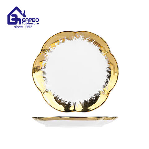 Golden Plated porcelain plate with flower shape for wholesale