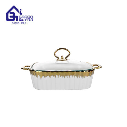 1300ml rectangle porcelain baking tray with gold decoration and glass lid