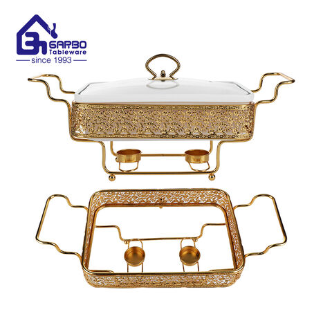 1300ml rectangle porcelain baking tray with gold decoration and glass lid