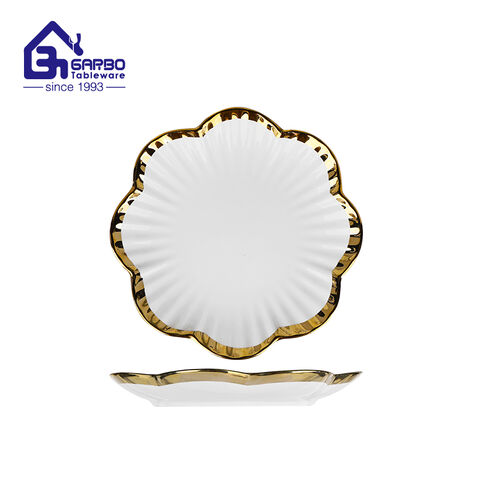 Electroplated golden porcelain plate with flower shape for sale