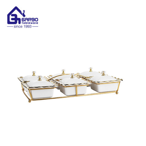 Square shaped 6pcs porcelain bowl plate set 5 inch white ceramic bowl with metal stand 