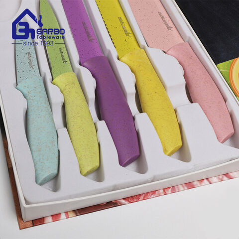 Wholesale Factory 6pcs colored kitchen knife set with gift box environmental wheat straw material handle