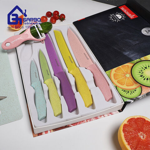 Wholesale Factory 6pcs colored kitchen knife set with gift box environmental wheat straw material handle