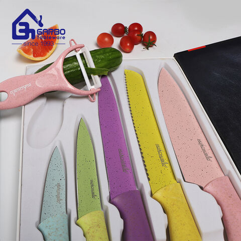 Wholesale Factory 6pcs colored kitchen knife set with gift box environmental wheat straw material handle