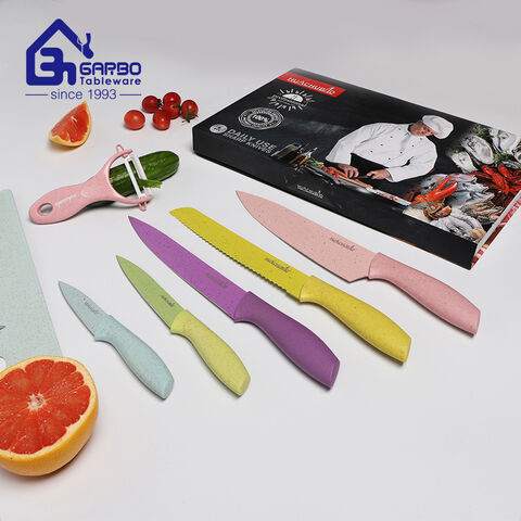 Wholesale Factory 6pcs colored kitchen knife set with gift box environmental wheat straw material handle