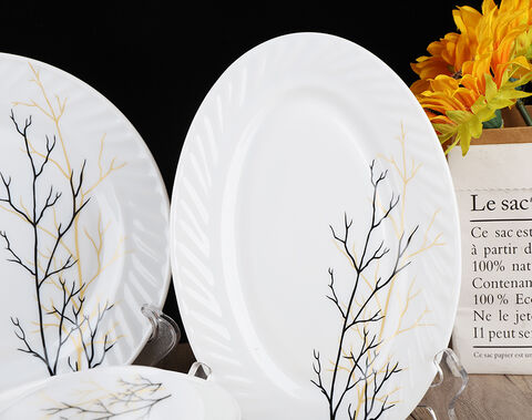 Garbo factory textured 84pcs white opal glass dinner plate bowl set  with Personalized Decal 12 person