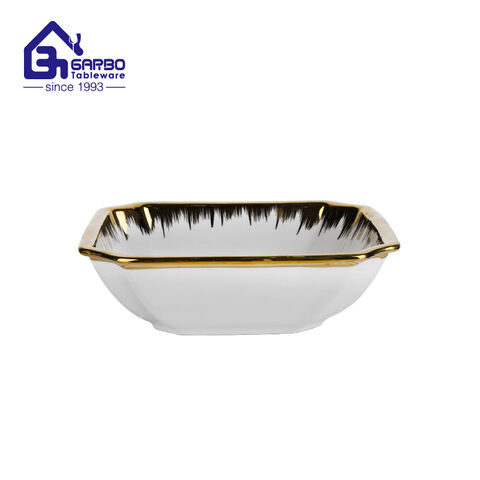 8.46 inch 820ml square ceramic bowl with electroplated gold rim for wholesale