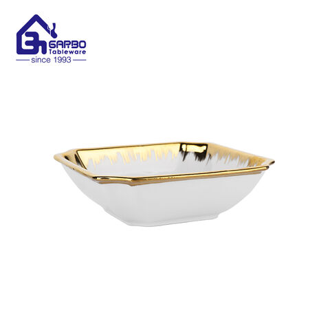 8.46 inch 820ml square ceramic bowl with electroplated gold rim for wholesale