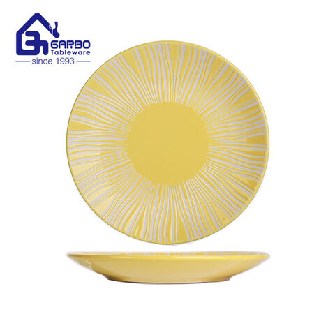 7.87 inch Flat Dinner Plate Round Shaped Stoneware with yellow glazed color for sale