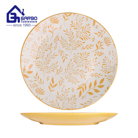 7.87 inch Flat Dinner Plate Round Shaped Stoneware with yellow glazed color for sale