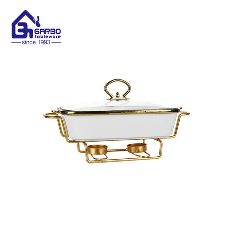 Chafing dish single pan rectangle porcelain food warmer with candle stand