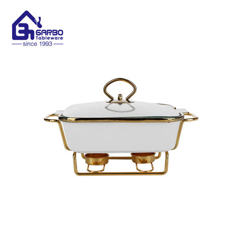 Chafing dish single pan rectangle porcelain food warmer with candle stand