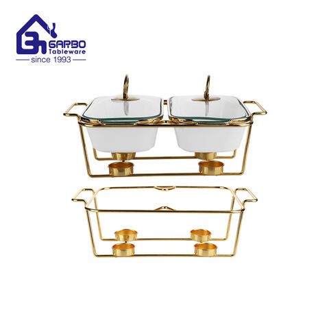 Chafing dish single pan rectangle porcelain food warmer with candle stand