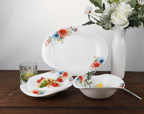 China lotus leaves design 10 inch dinner flat serving platter white opal glass with flower decor