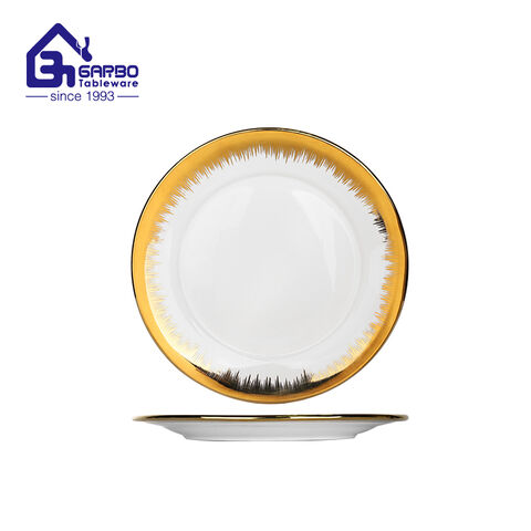 Middle East popular Luxury style golden porcelain plate 9 inch round shaped ceramic dish hotel serving flat plate