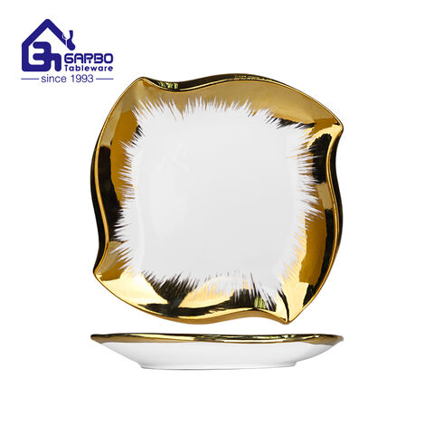 Luxury style 10.24 inch square porcelain plate with golden plating for sale