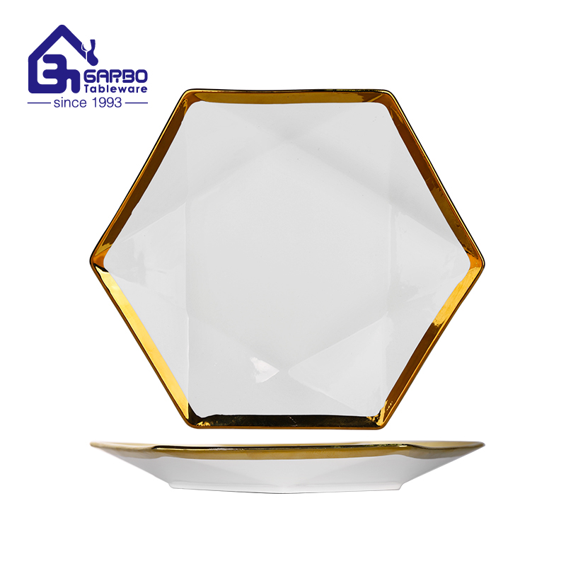 11.4 inch hexagon porcelain plate with gold rim electroplating factory in China
