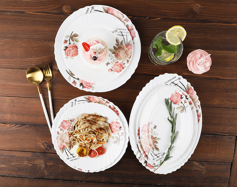Facotory wholesale opal glass dinnerware set with stylish decal printing