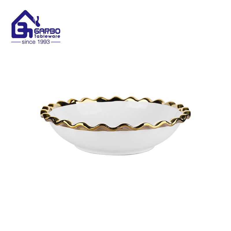 9.76 inch round ceramic bowl with electroplated gold rim directly supplied from factory
