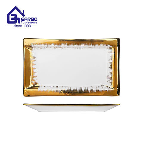 Gold rim square shape 9inch flat serving plate for wholesale