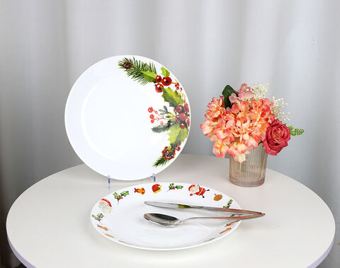 Garbo 10.5inch opal glass scratch resistant white dinner serving plate with flower decor